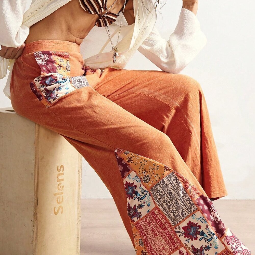 Orange Boho Women's Casual Knit Patchwork Flare Washed Pants